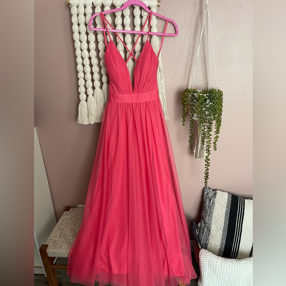 Hot pink low cut backless maxi tulle dress